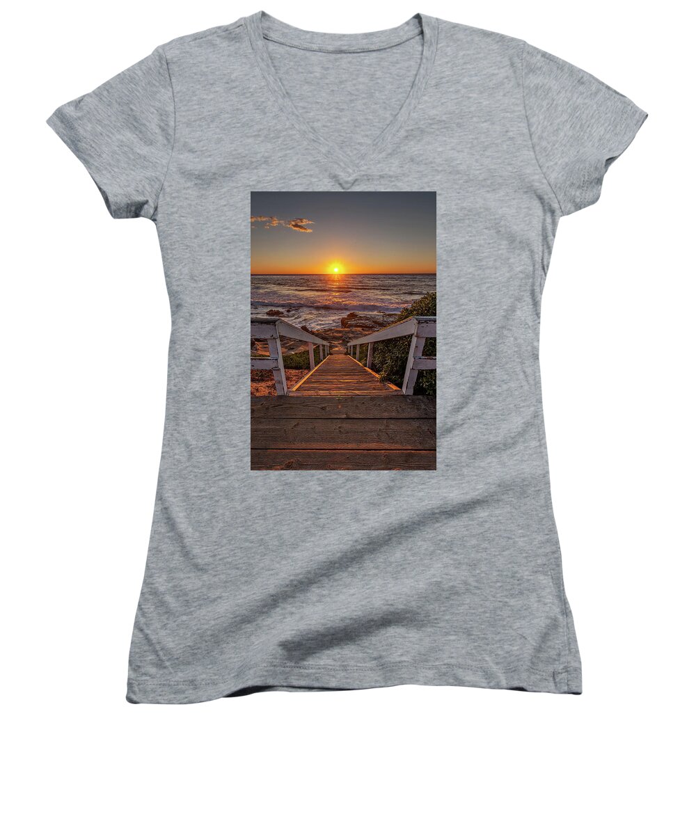 Beach. Beach Art Women's V-Neck featuring the photograph Steps to the Sun by Peter Tellone