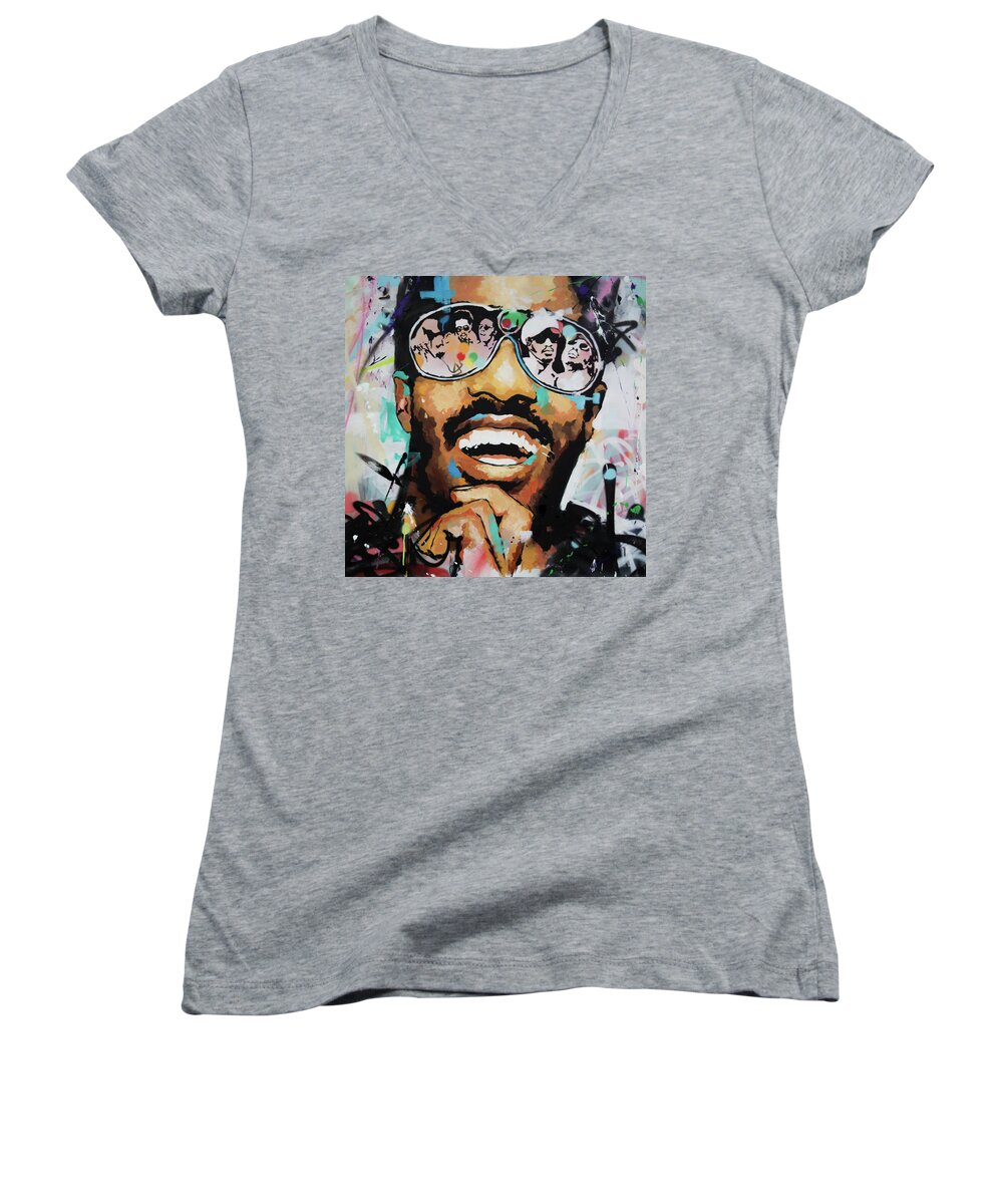 Tevie Wonder Women's V-Neck featuring the painting Stevie Wonder Portrait by Richard Day