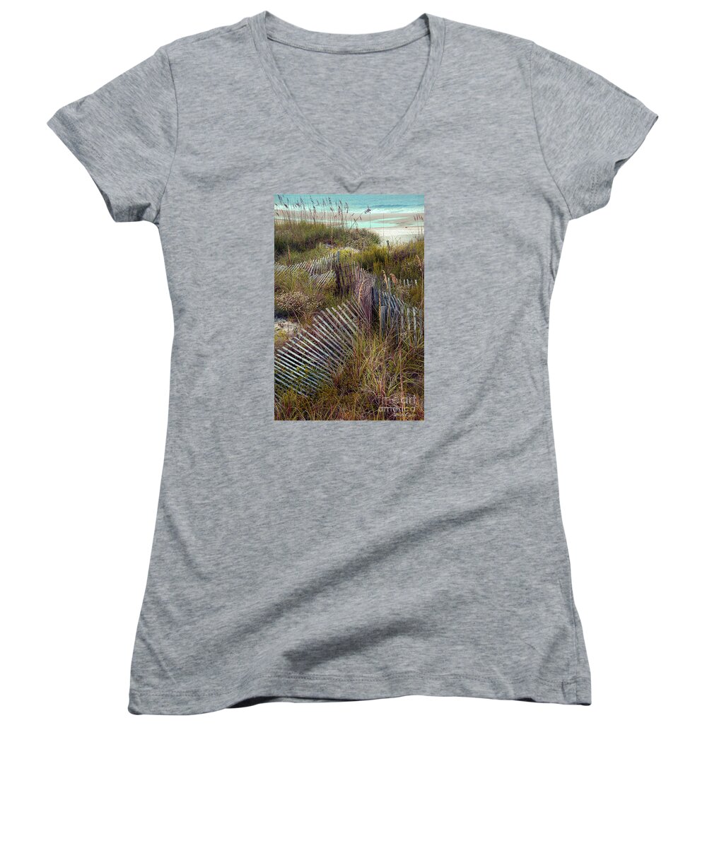 Beach Women's V-Neck featuring the photograph Stick Fence Ocean by Linda Olsen