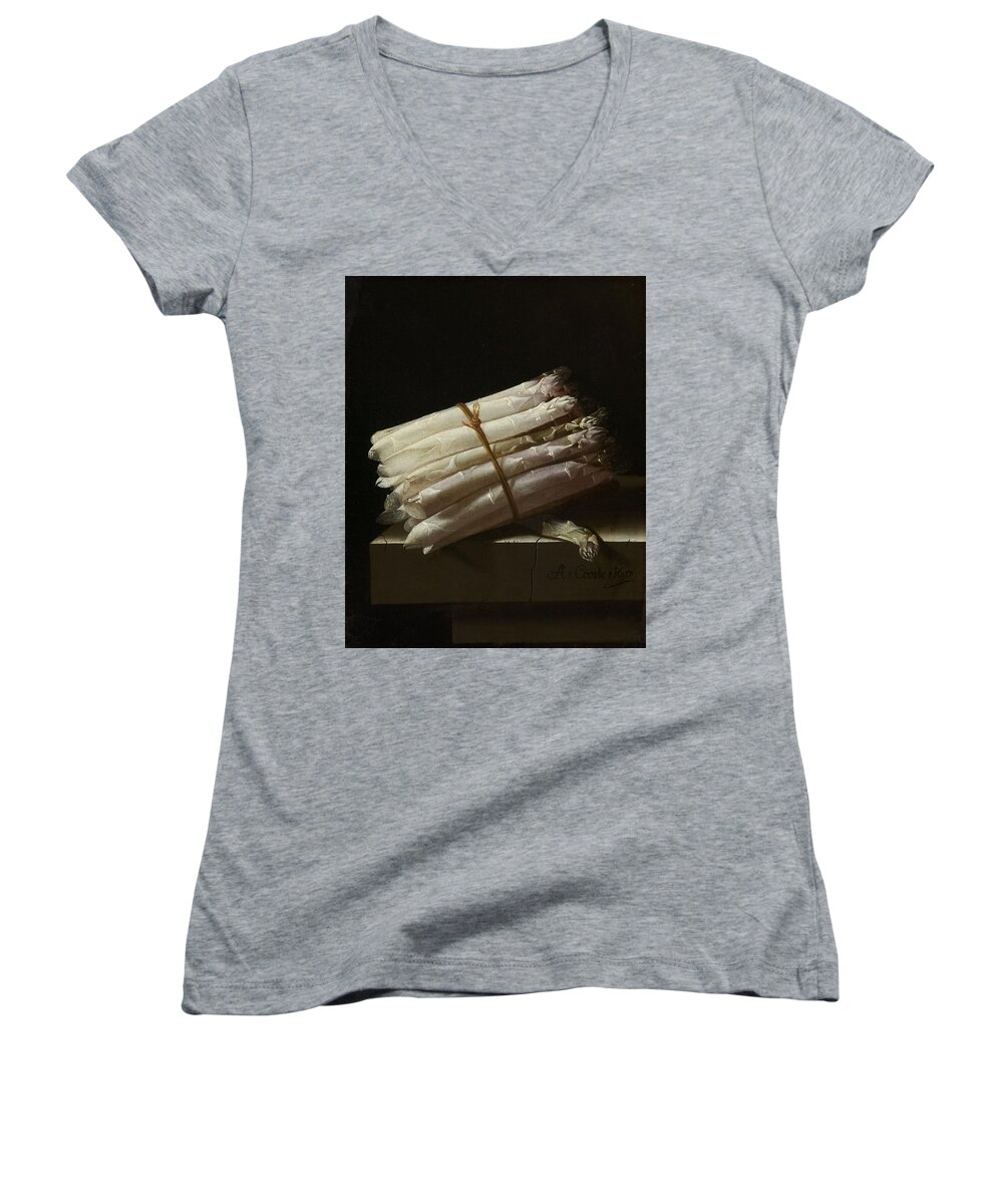 1697 Women's V-Neck featuring the painting Still Life with Asparagus, 1697 by Vincent Monozlay