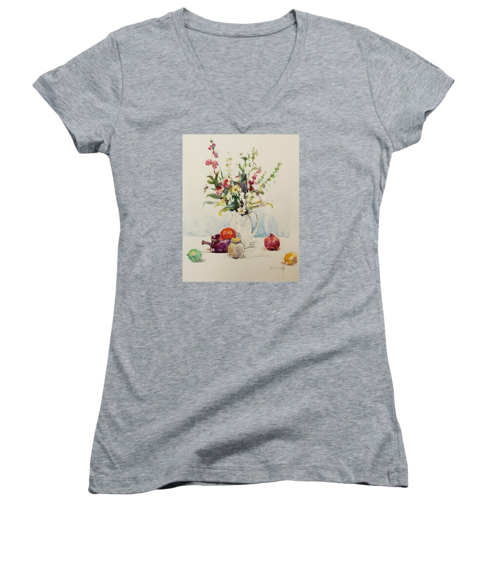 Watercolor Women's V-Neck featuring the painting Still Life with Pomegranate by Becky Kim