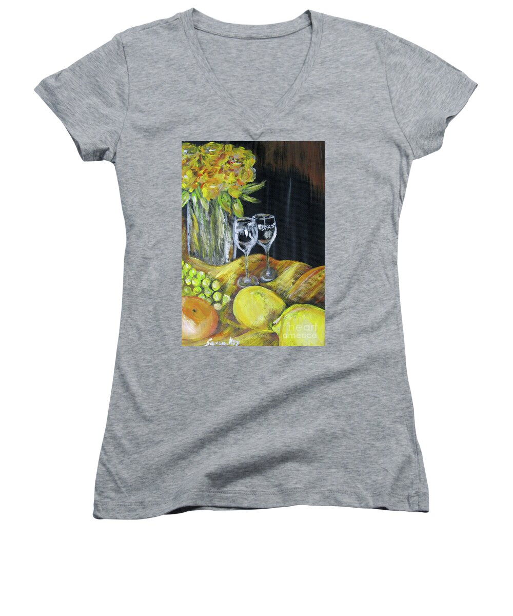 Original Acrylic Painting Women's V-Neck featuring the painting Still Life with wine glasses, Roses and Fruit. Painting by Oksana Semenchenko