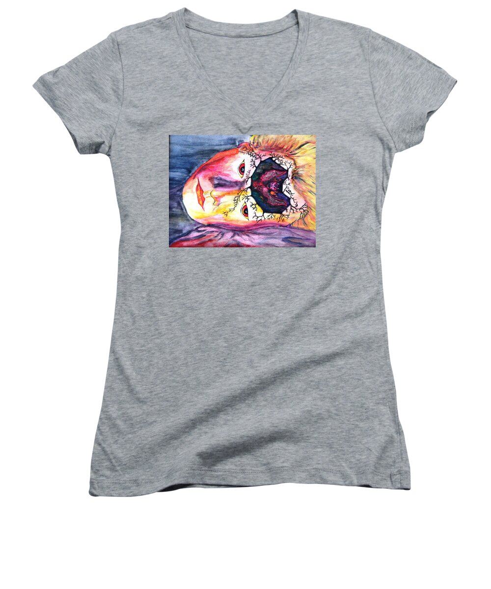 Sting Women's V-Neck featuring the mixed media Sting having a nightmare by Angela Murray