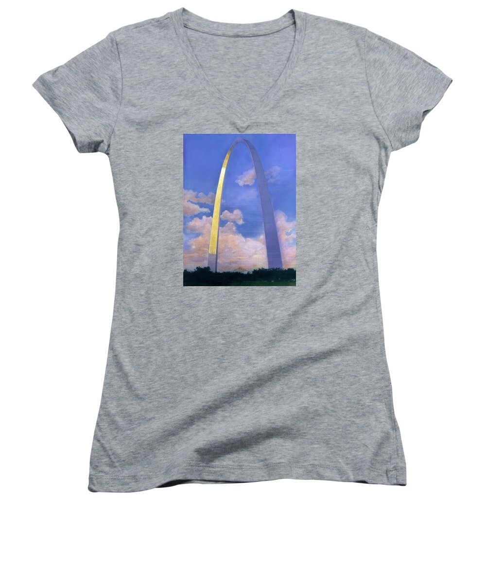 St.louis Women's V-Neck featuring the mixed media St.Louis Gateway Arch by John Dyess