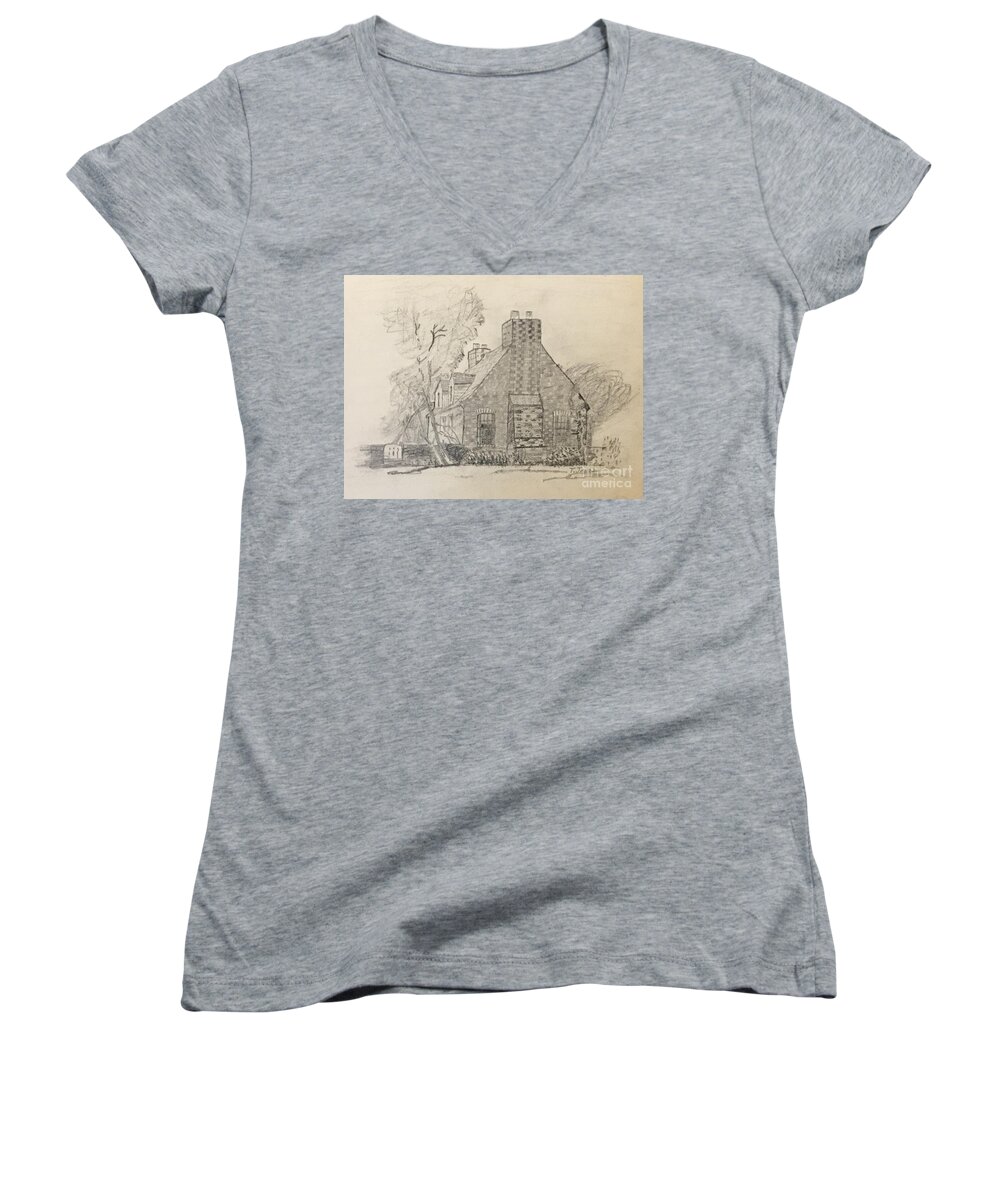 Cottage Women's V-Neck featuring the drawing Stone cottage by Thomas Janos