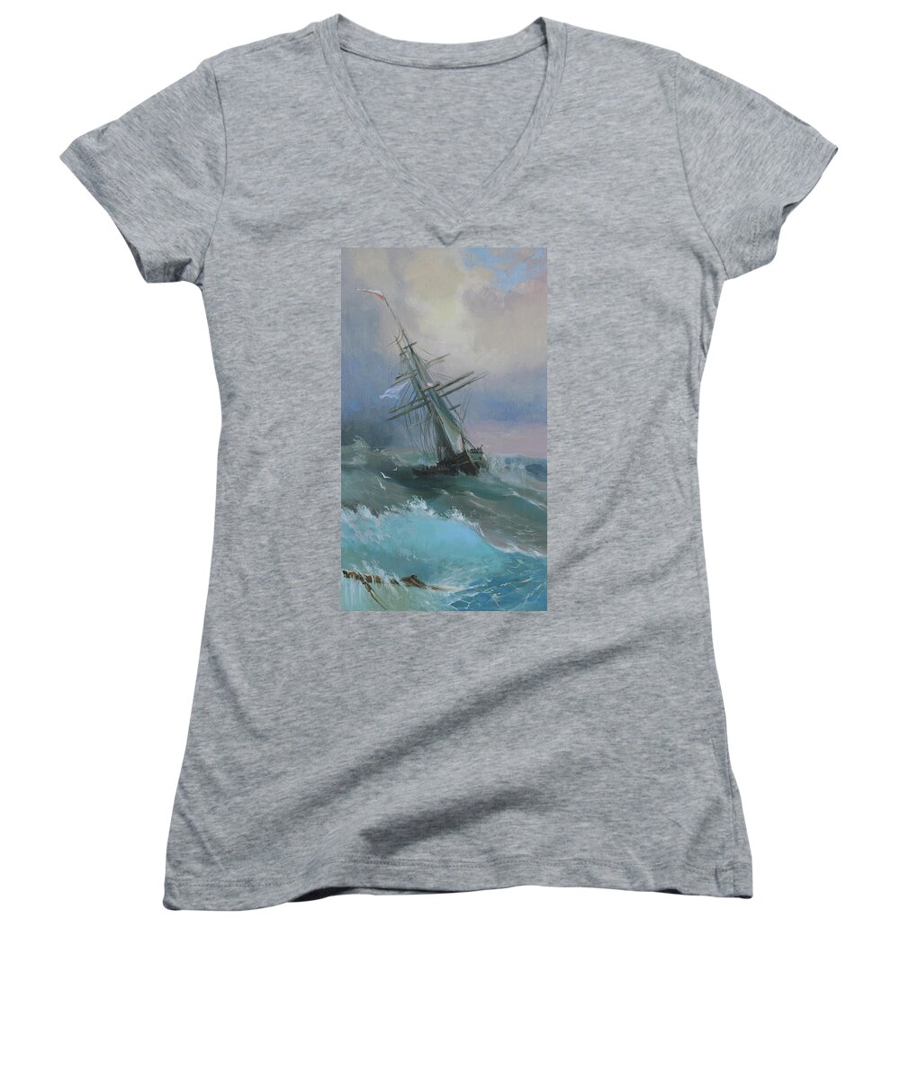 Russian Artists New Wave Women's V-Neck featuring the painting Stormy Sails by Ilya Kondrashov