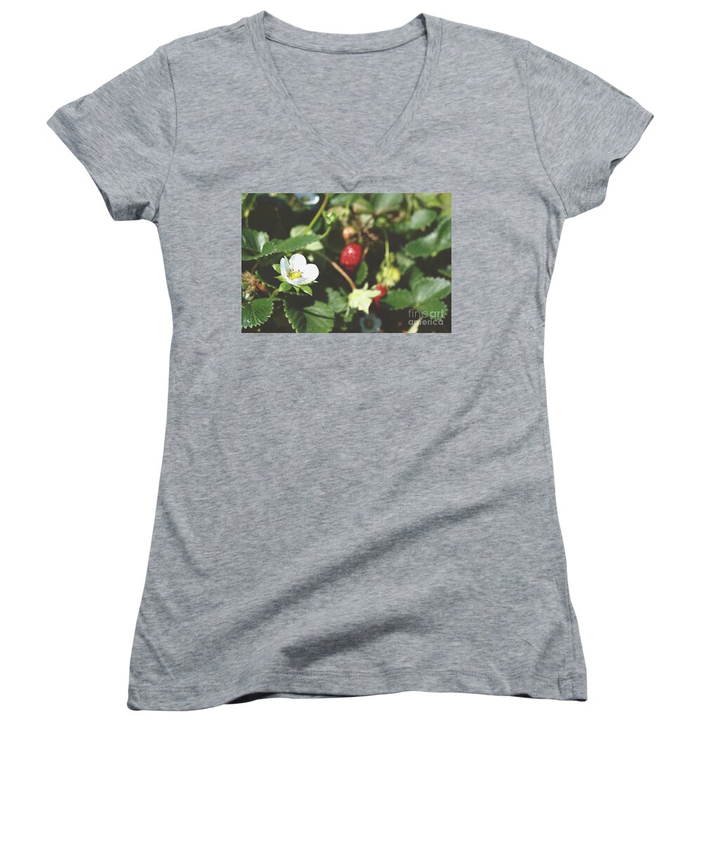 Strawberry Women's V-Neck featuring the photograph Strawberry Flower by Cassandra Buckley