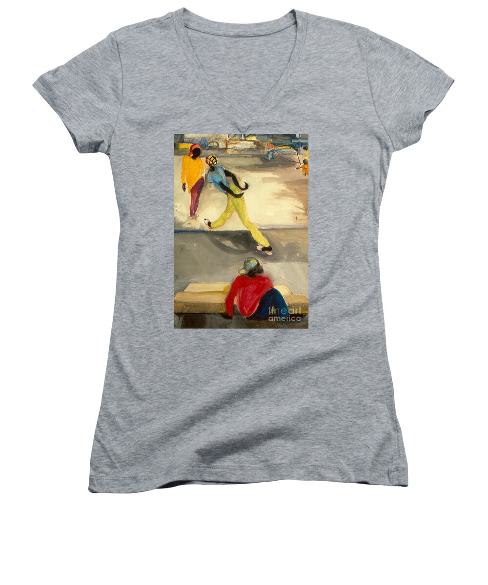Watercolor Painting Women's V-Neck featuring the painting Street Scene 2 by Daun Soden-Greene