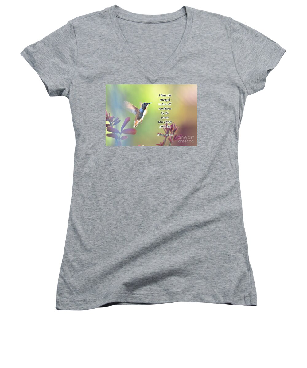Hummingbird; Strength; Scripture; God; Philippians; Catholic; Christ Women's V-Neck featuring the photograph Strength Through Christ by Debby Pueschel