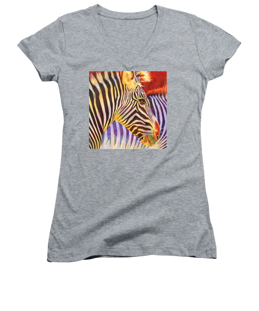 Zebra Women's V-Neck featuring the painting Stripes by Greg and Linda Halom