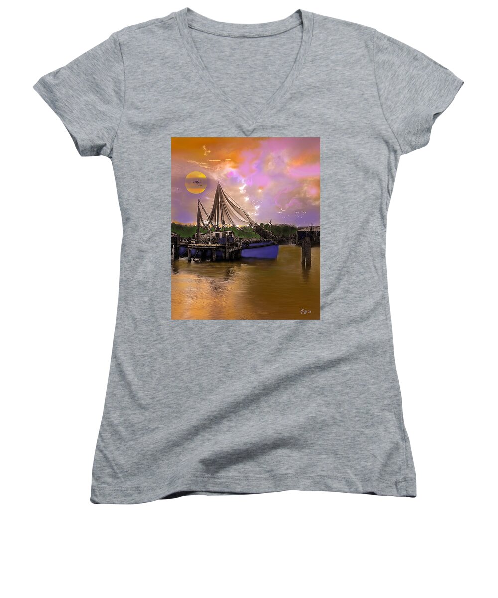 Louisiana Women's V-Neck featuring the digital art Sultry Bayou by J Griff Griffin