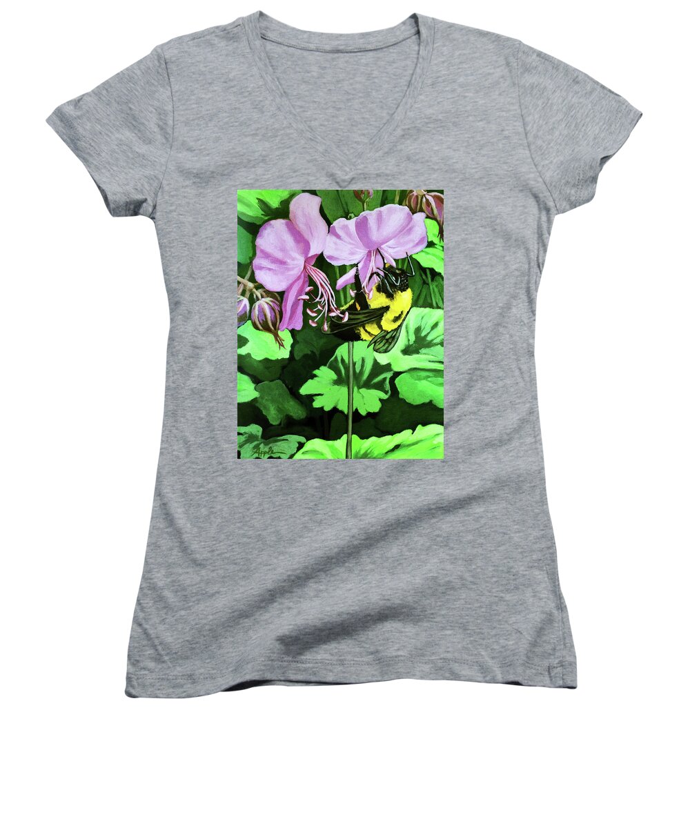  Painting Women's V-Neck featuring the painting Summer Garden BUMBLEBEE and Flowers nature painting by Linda Apple
