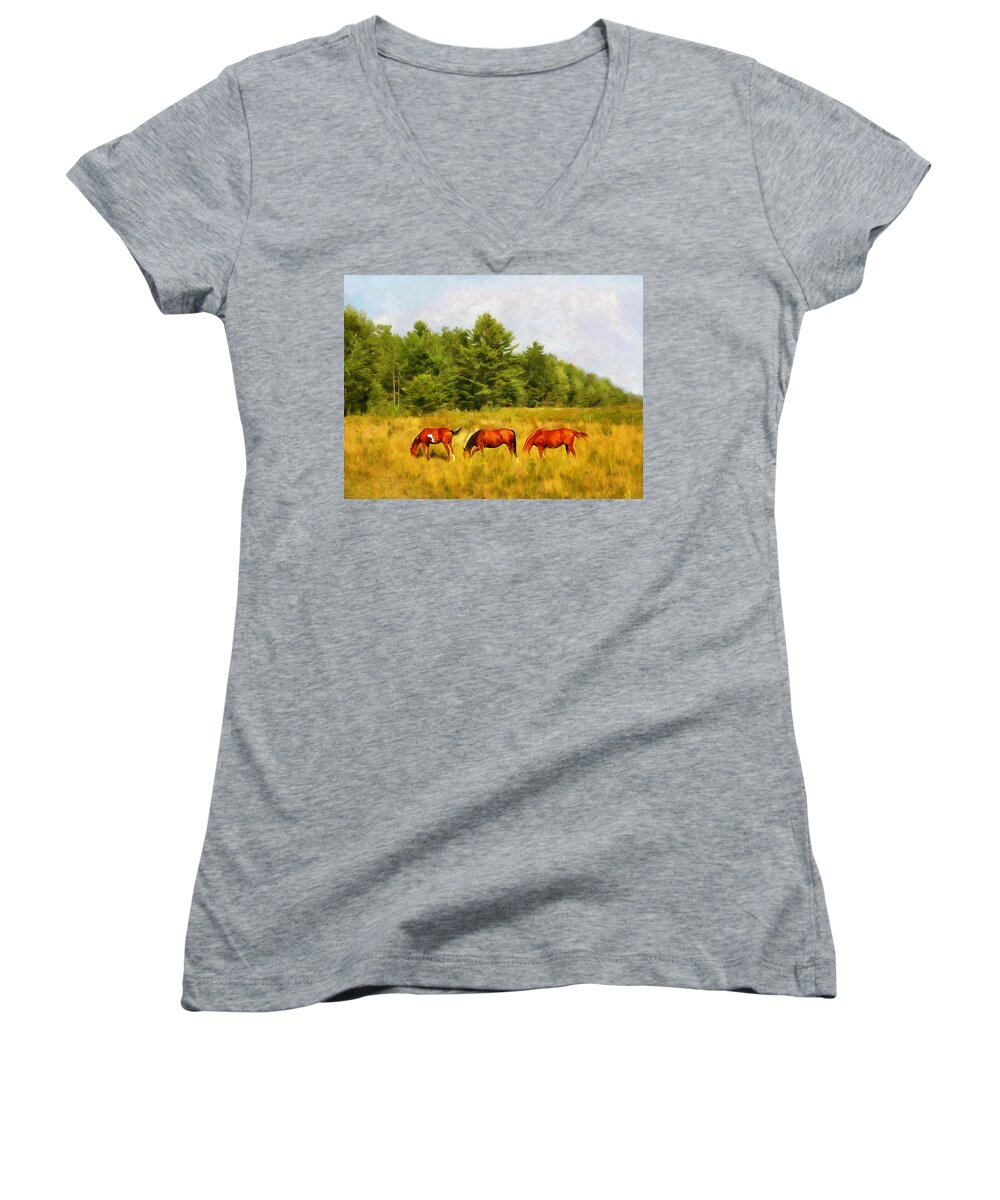 Fields Women's V-Neck featuring the digital art Summer Hay Burners by JGracey Stinson