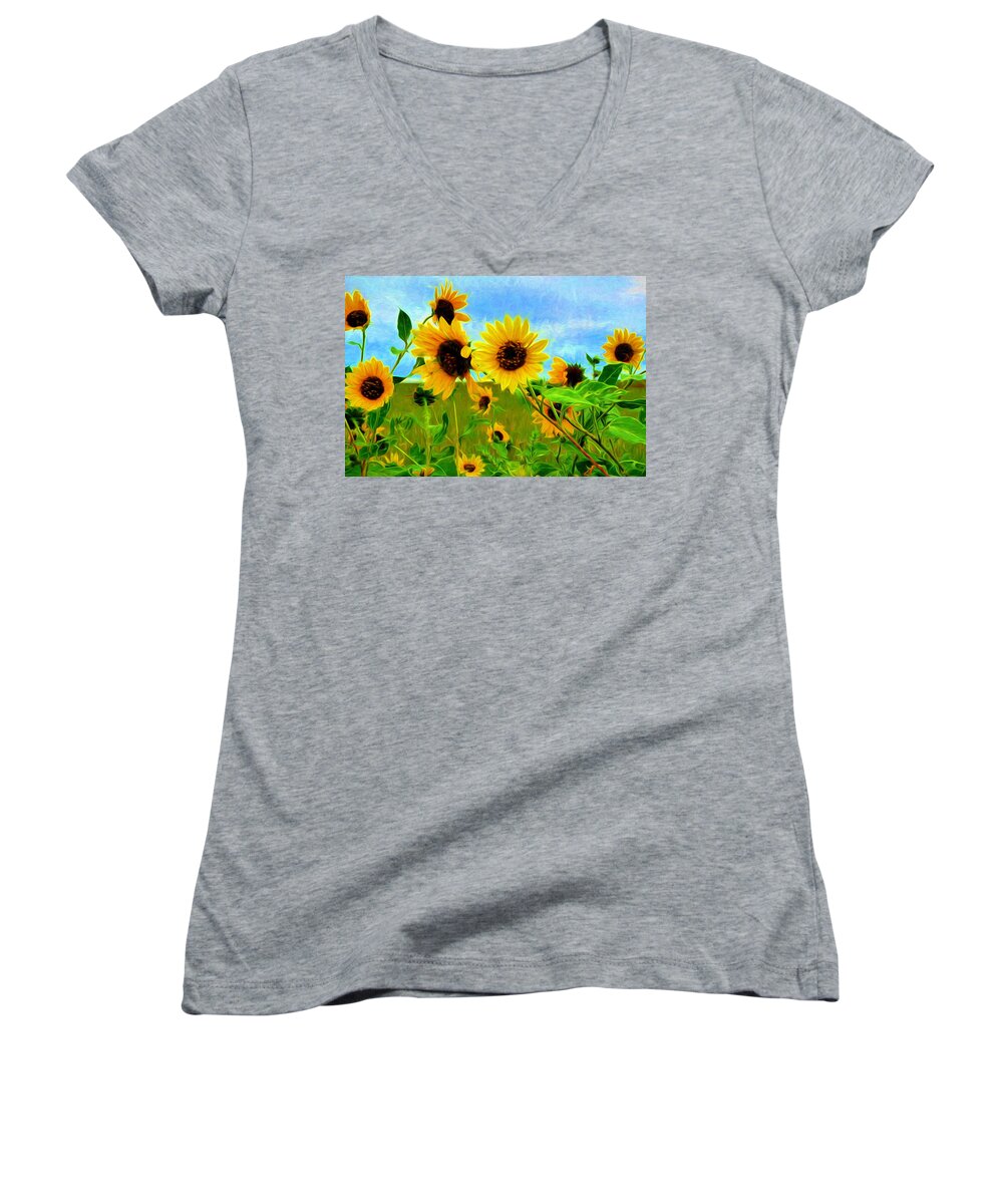 Best Women's V-Neck featuring the painting Sunflower Along the Road by Mitchell R Grosky