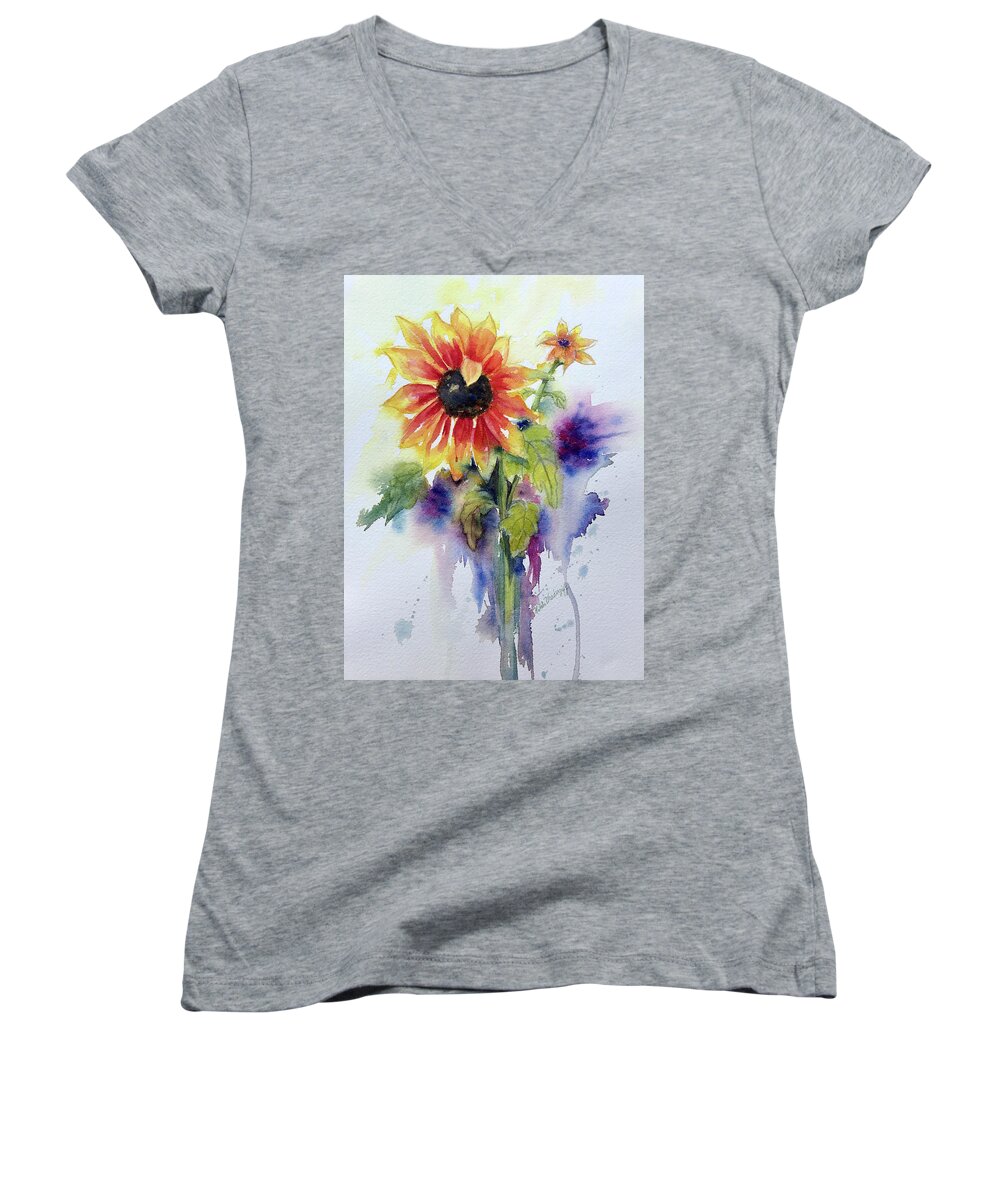 Sunflowers Women's V-Neck featuring the painting Sunflowers by Hilda Vandergriff