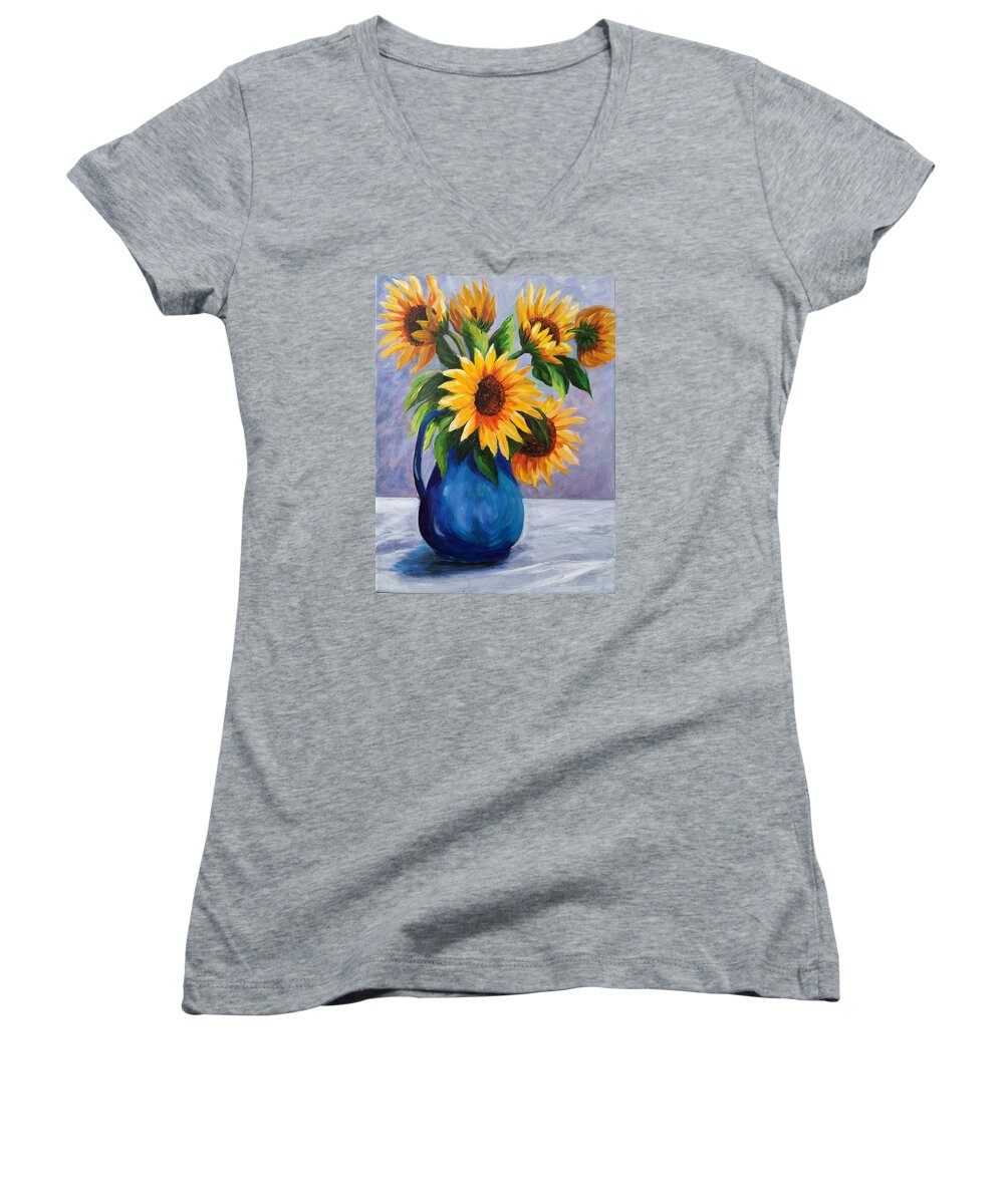 Sunflowers Women's V-Neck featuring the painting Sunflowers in Bloom by Rosie Sherman