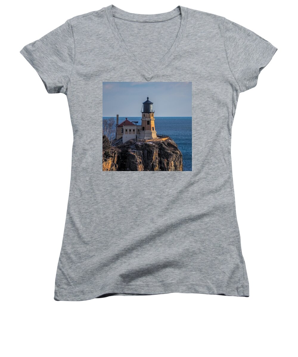 Split Rock Lighthouse Women's V-Neck featuring the photograph Sunlight On Split Rock Lighthouse by Paul Freidlund