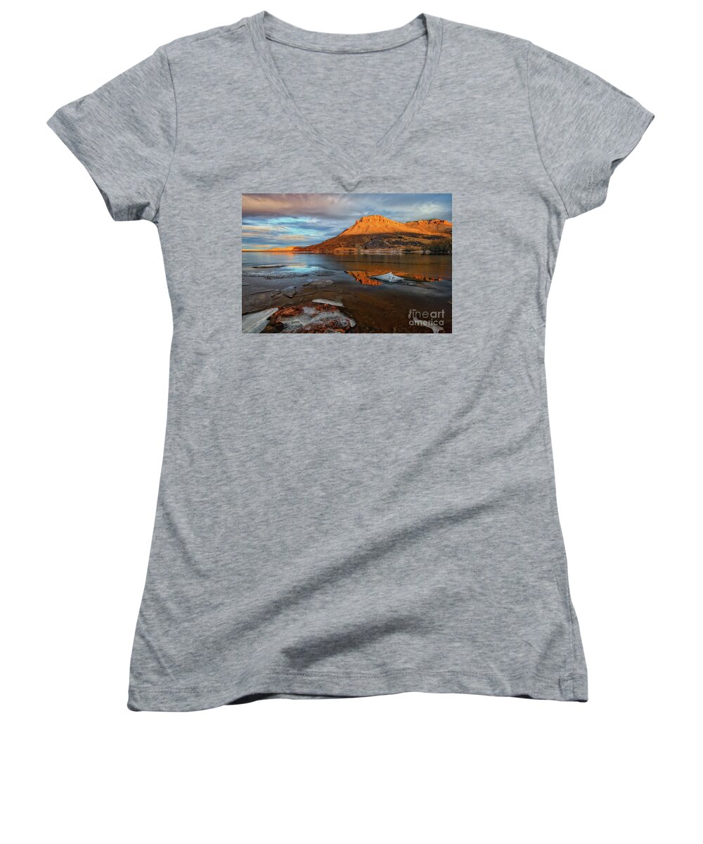 Butte Women's V-Neck featuring the photograph Sunlight on the Flatirons Reservoir by Ronda Kimbrow