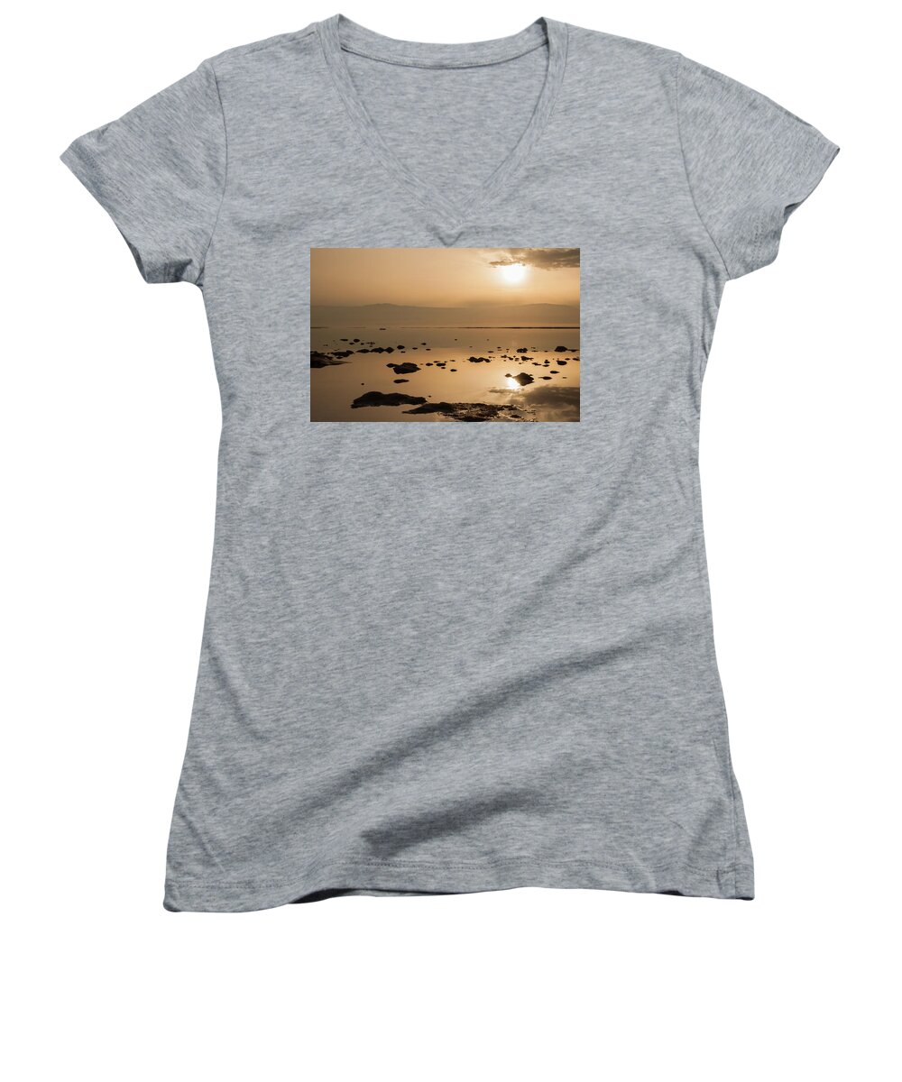Sun Women's V-Neck featuring the photograph Sunrise on the Dead Sea by Sergey Simanovsky