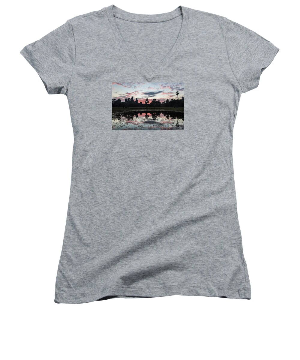 Ancient Women's V-Neck featuring the photograph Sunrise over Angkor Wat by Didier Marti