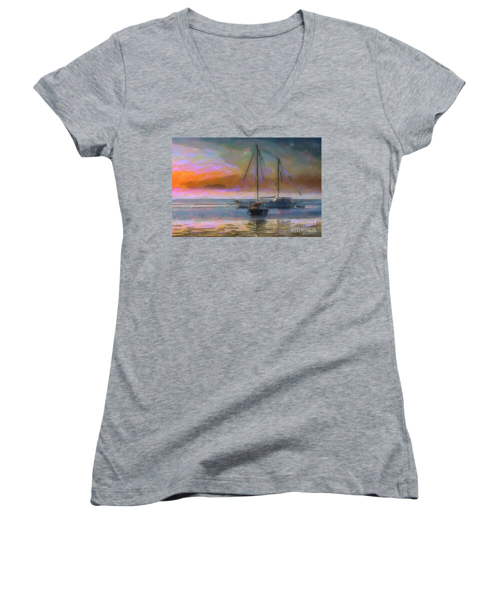 Sunrise Women's V-Neck featuring the painting Sunrise with boats by Chris Armytage