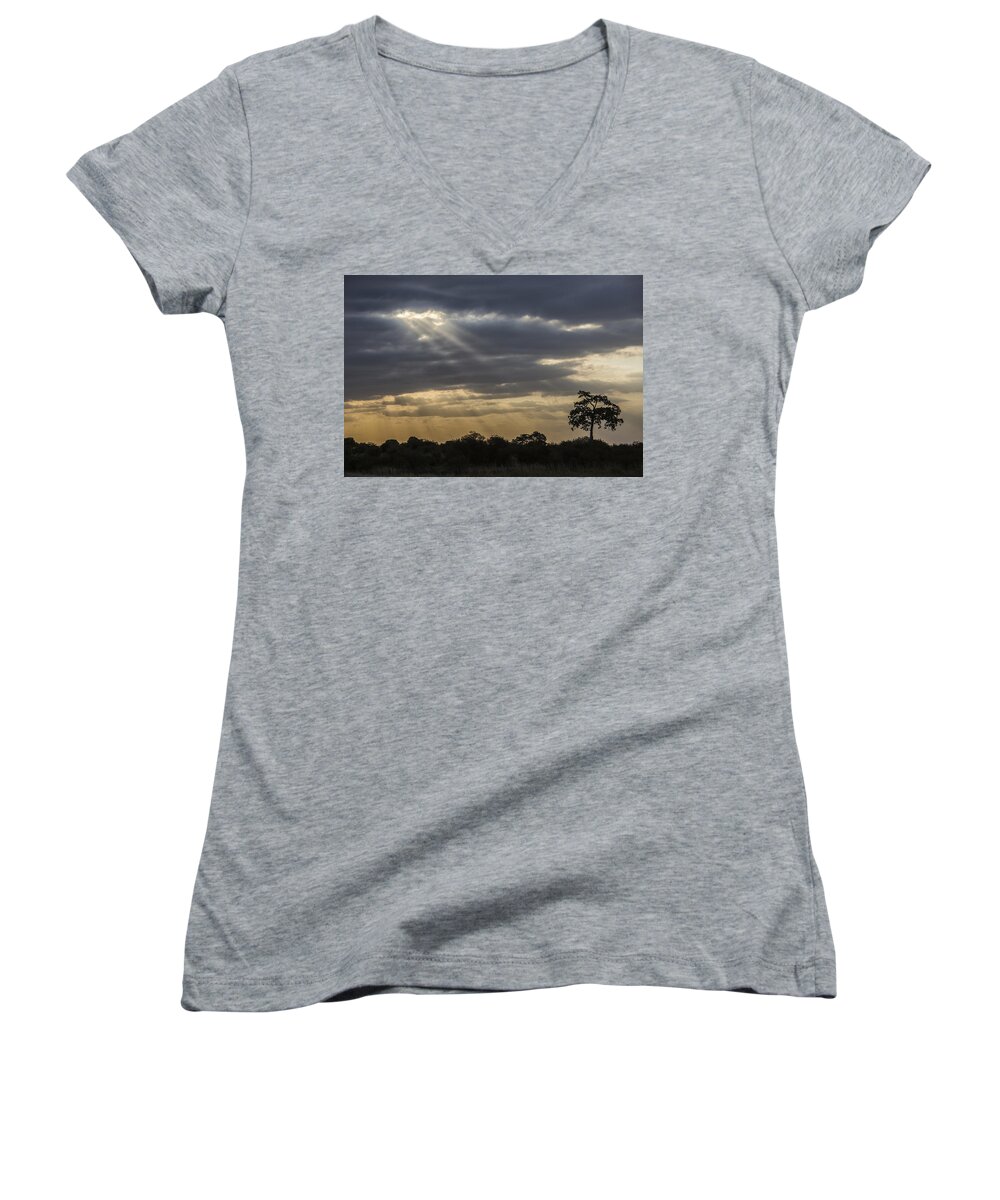 Crepuscular Rays Women's V-Neck featuring the tapestry - textile Sunset Africa 2 by Kathy Adams Clark
