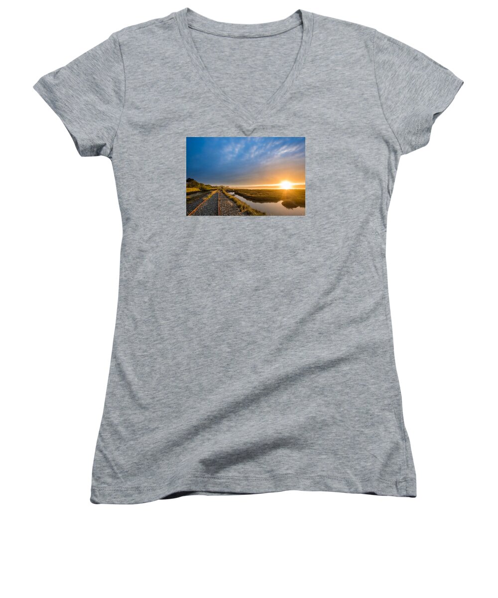 Humboldt Bay Women's V-Neck featuring the photograph Sunset and Railroad Tracks by Greg Nyquist