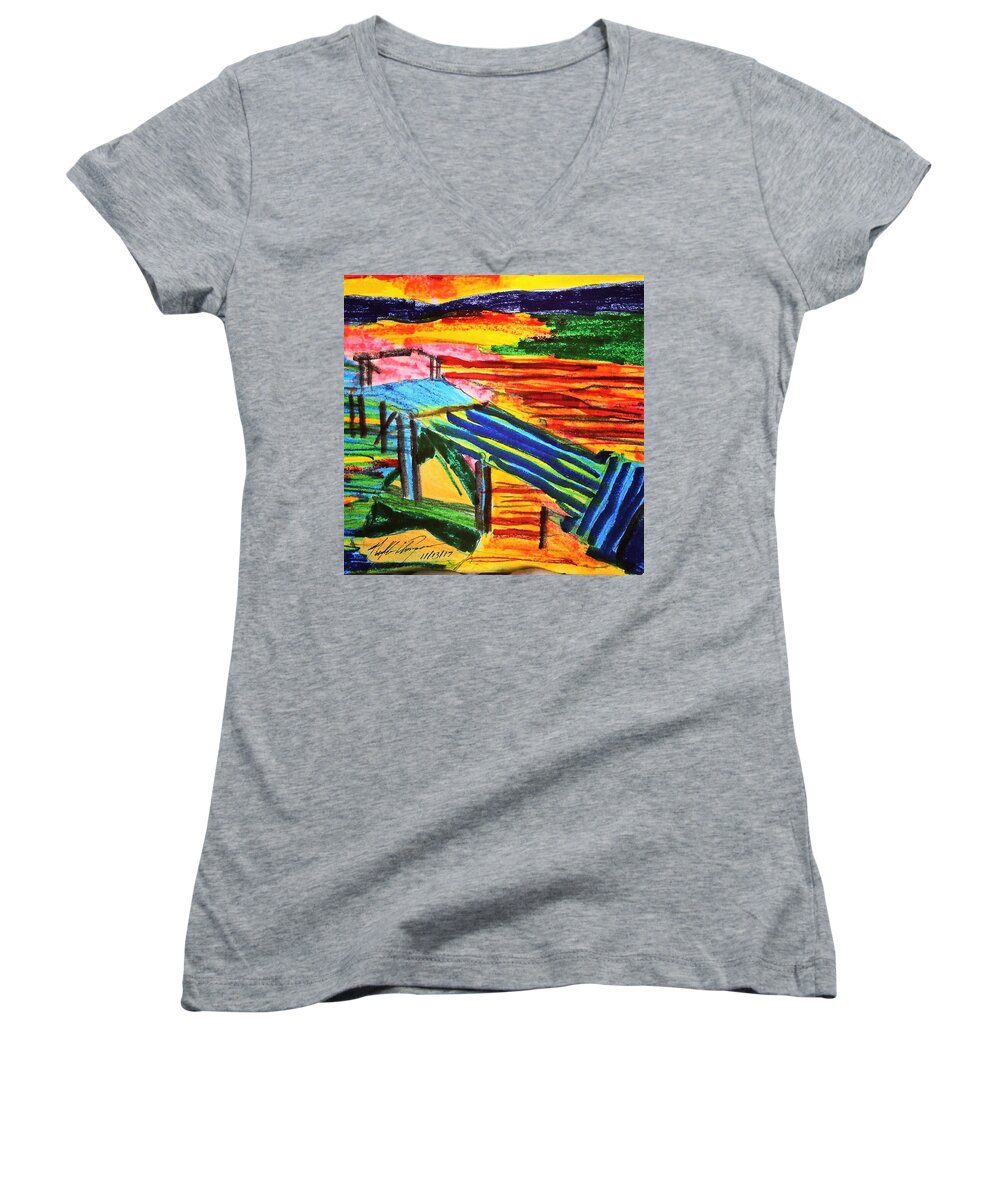 Dock Women's V-Neck featuring the drawing Sunset At Dock by Love Art Wonders By God