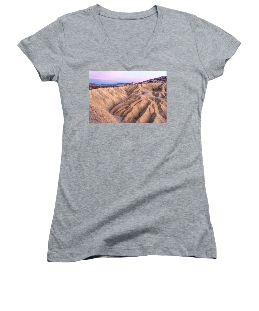 Death Valley Women's V-Neck featuring the photograph Sunset at Zabriskie by Rick Wicker