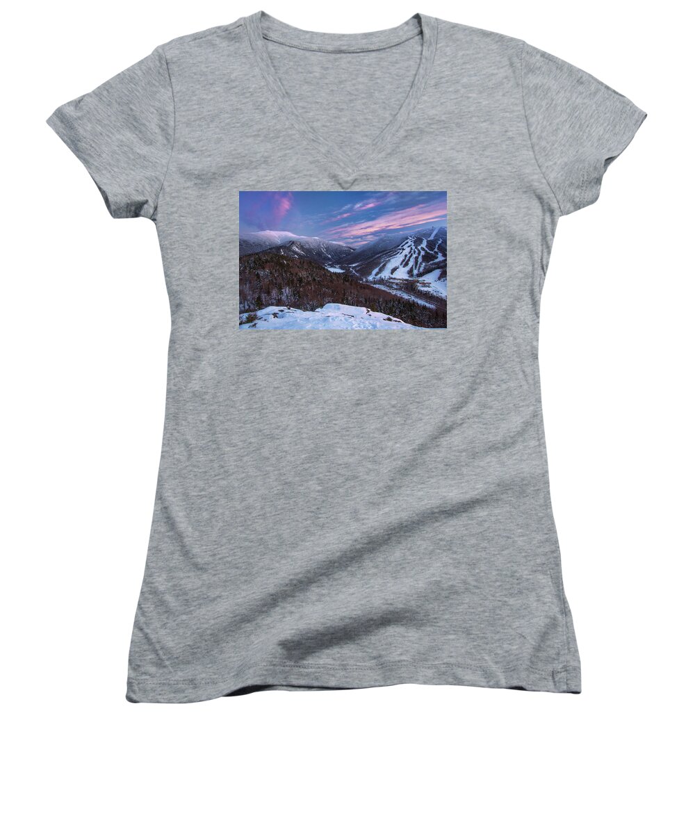 Sunset Women's V-Neck featuring the photograph Sunset Glow over Cannon Mountain by White Mountain Images
