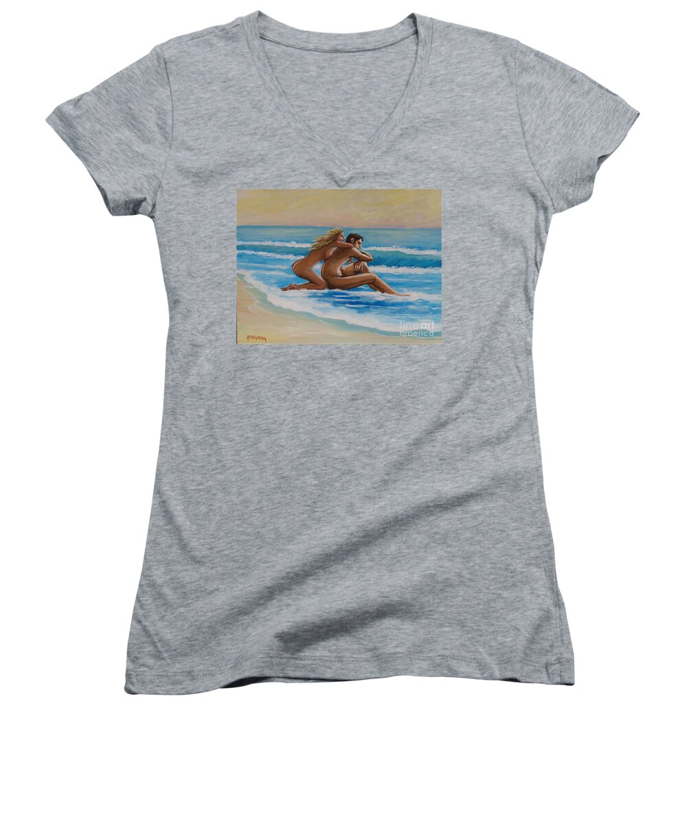 Sunset Women's V-Neck featuring the painting Sunset in the beach by Jean Pierre Bergoeing