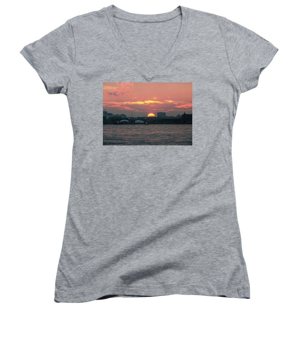 New York City Harbor Women's V-Neck featuring the photograph Sunset NYC Harbor by William Kimble