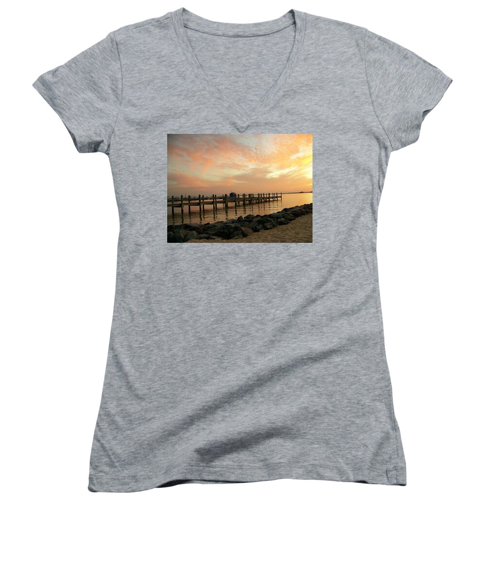 Dock Women's V-Neck featuring the photograph Sunset on Dewey Bay by Trish Tritz