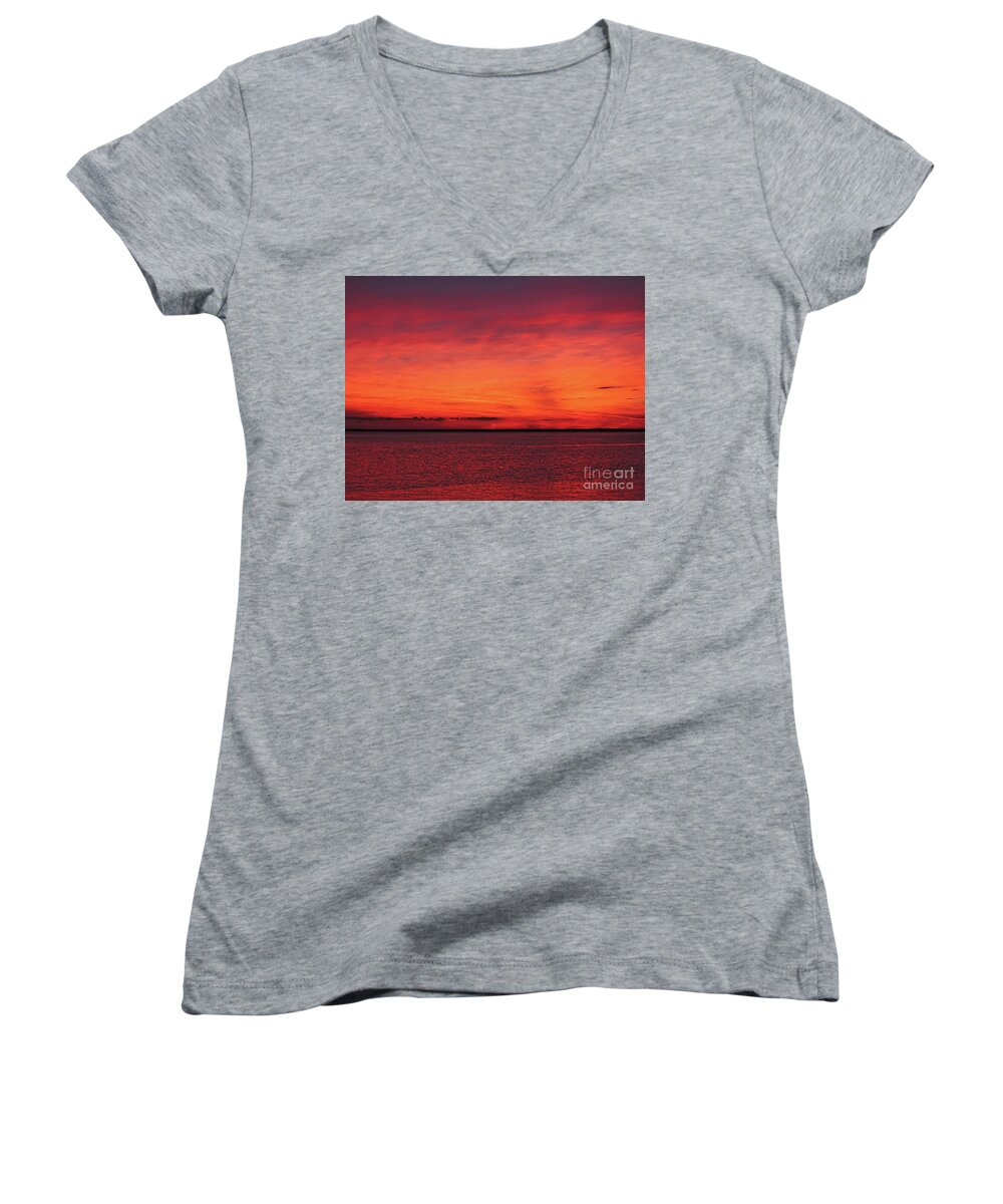 Sunrise Women's V-Neck featuring the photograph Sunset on Jersey Shore by Jeff Breiman