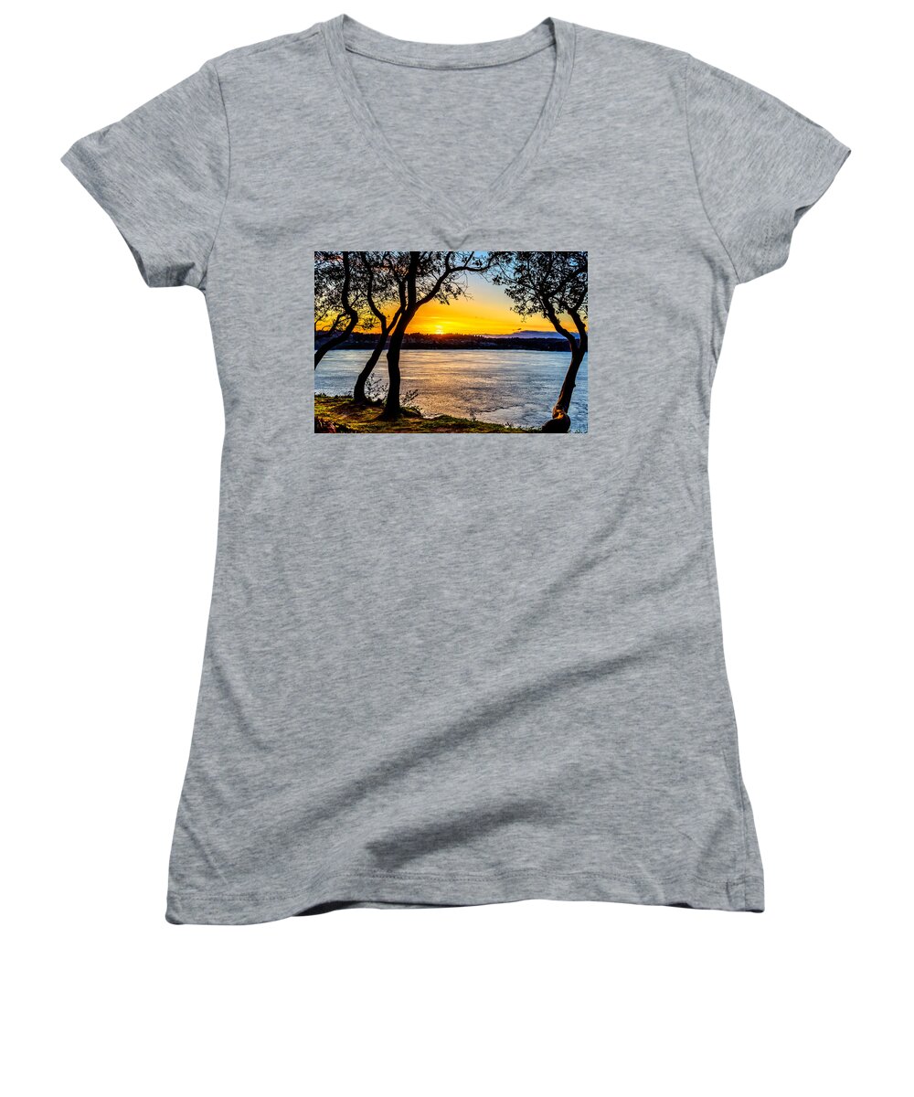 Puget Women's V-Neck featuring the photograph Sunset on Tacoma Narrows by Rob Green