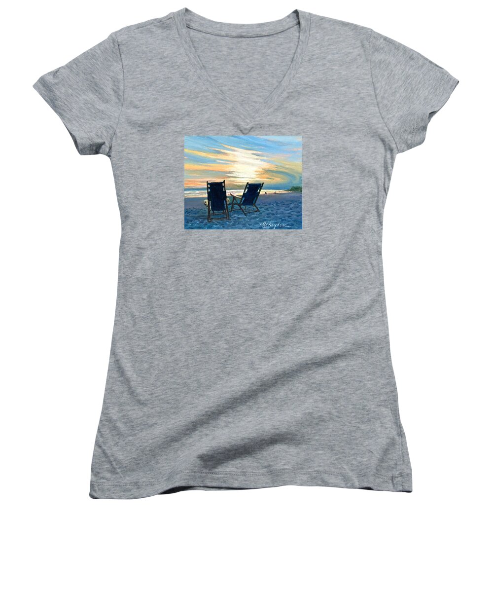 Sunset Women's V-Neck featuring the painting Sunset on the Beach by Maryann Boysen