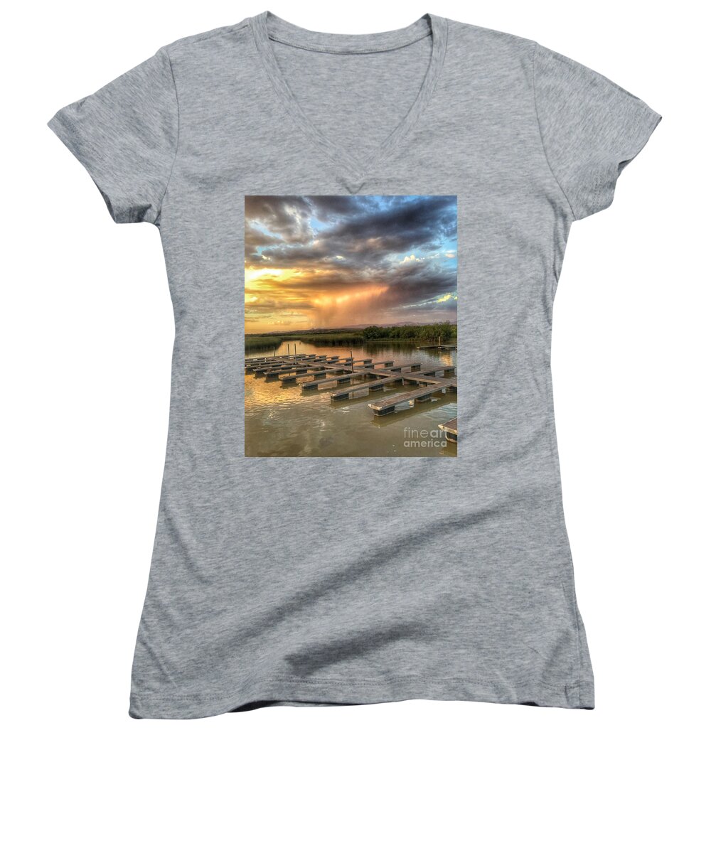 Sunsets Women's V-Neck featuring the photograph Sunset on the Marsh by Marcia Breznay