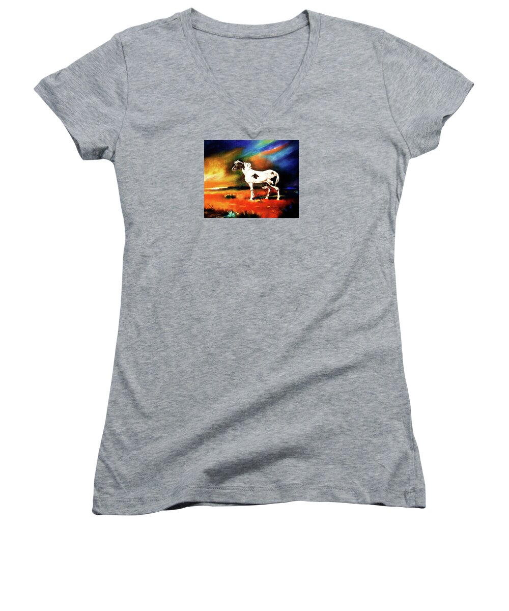 Horse Women's V-Neck featuring the painting Sunset on the Plains by Al Brown