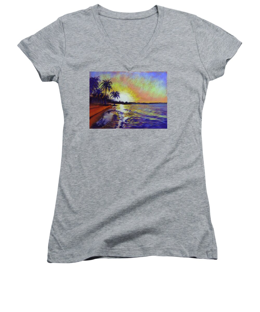 Sunset Women's V-Neck featuring the painting Sunset on the Sea by Lisa Crisman