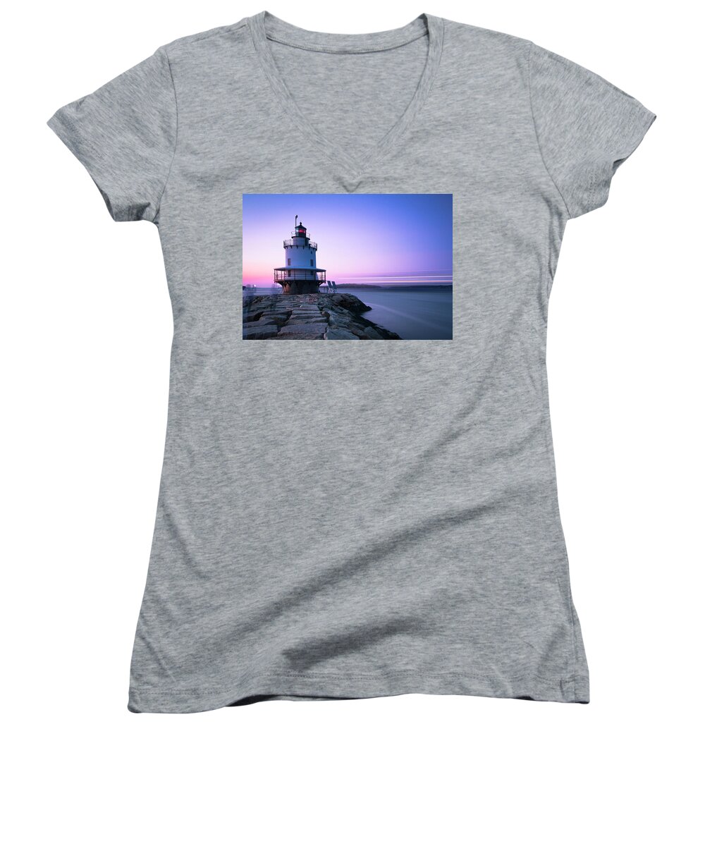 Maine Women's V-Neck featuring the photograph Sunset over Spring Breakwater Lighthouse in South Maine by Ranjay Mitra