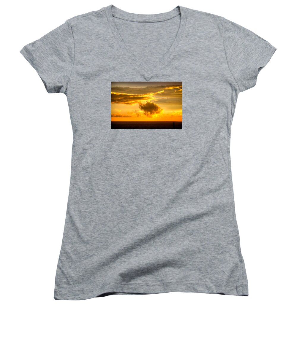 Abstract; Background; Beach; Beautiful; Beauty; Blue; Bright; Cloud; Clouds; Coast; Coastline; Color; Colorful; Dawn; Day; Dusk; Evening; Golden; Horizon; Lake; Landscape; Light; Morning; Nature; Night; Ocean; Orange; Red; Reflection; Women's V-Neck featuring the photograph Sunset Over The Ocean by Joseph Amaral