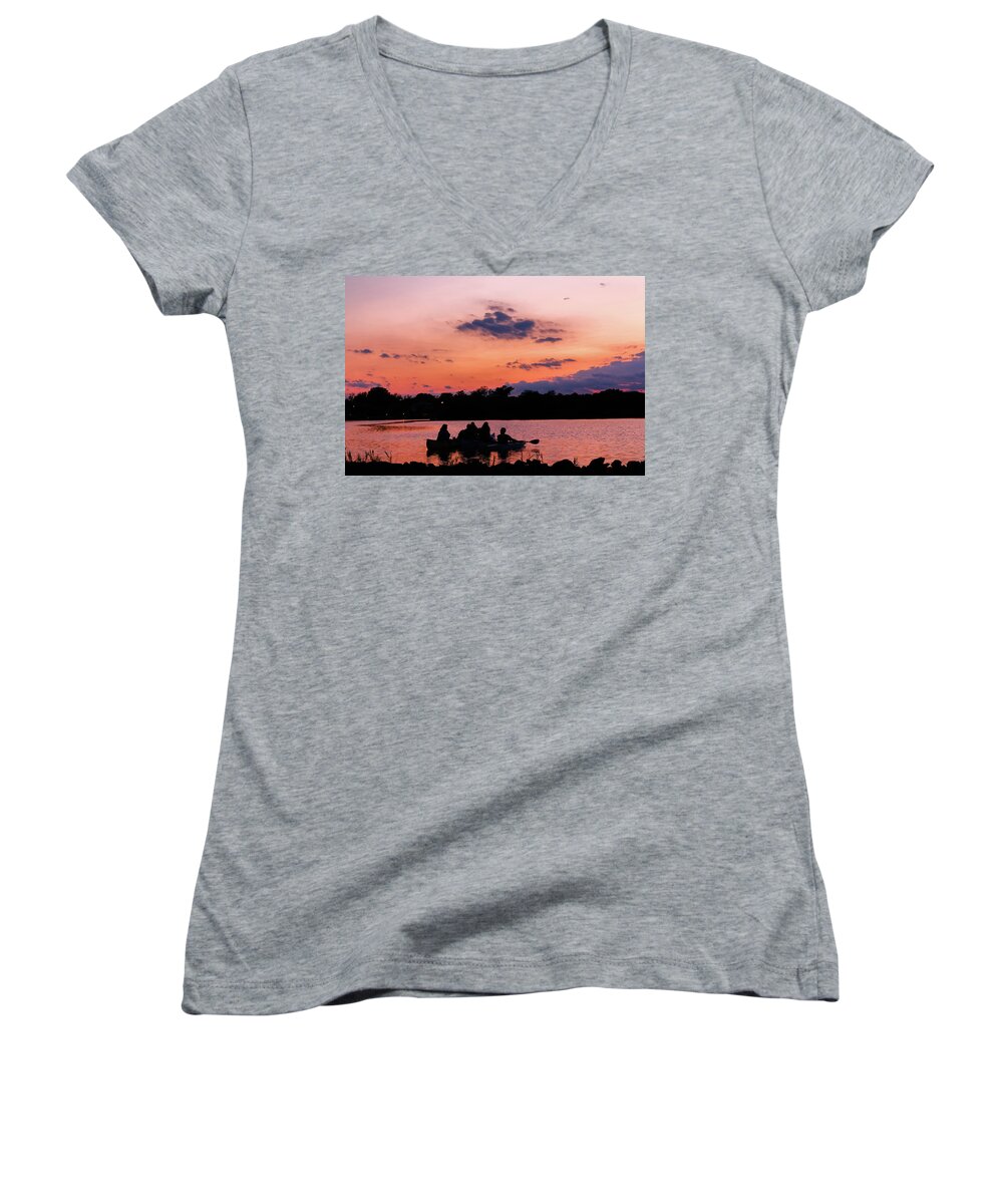 Lake Women's V-Neck featuring the photograph Sunset Paddle on Twilight Lake by Kathleen McGinley