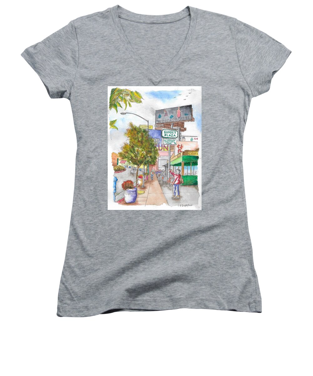 Sunset Plaza Women's V-Neck featuring the painting Sunset Plaza, Sunset Blvd., and Londonderry, West Hollywood, California by Carlos G Groppa
