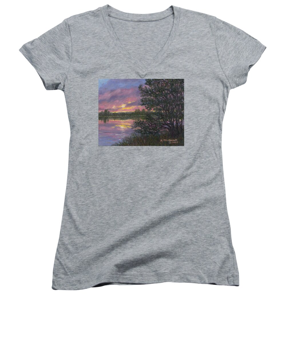 Sunset Women's V-Neck featuring the painting Sunset River # 8 by Kathleen McDermott