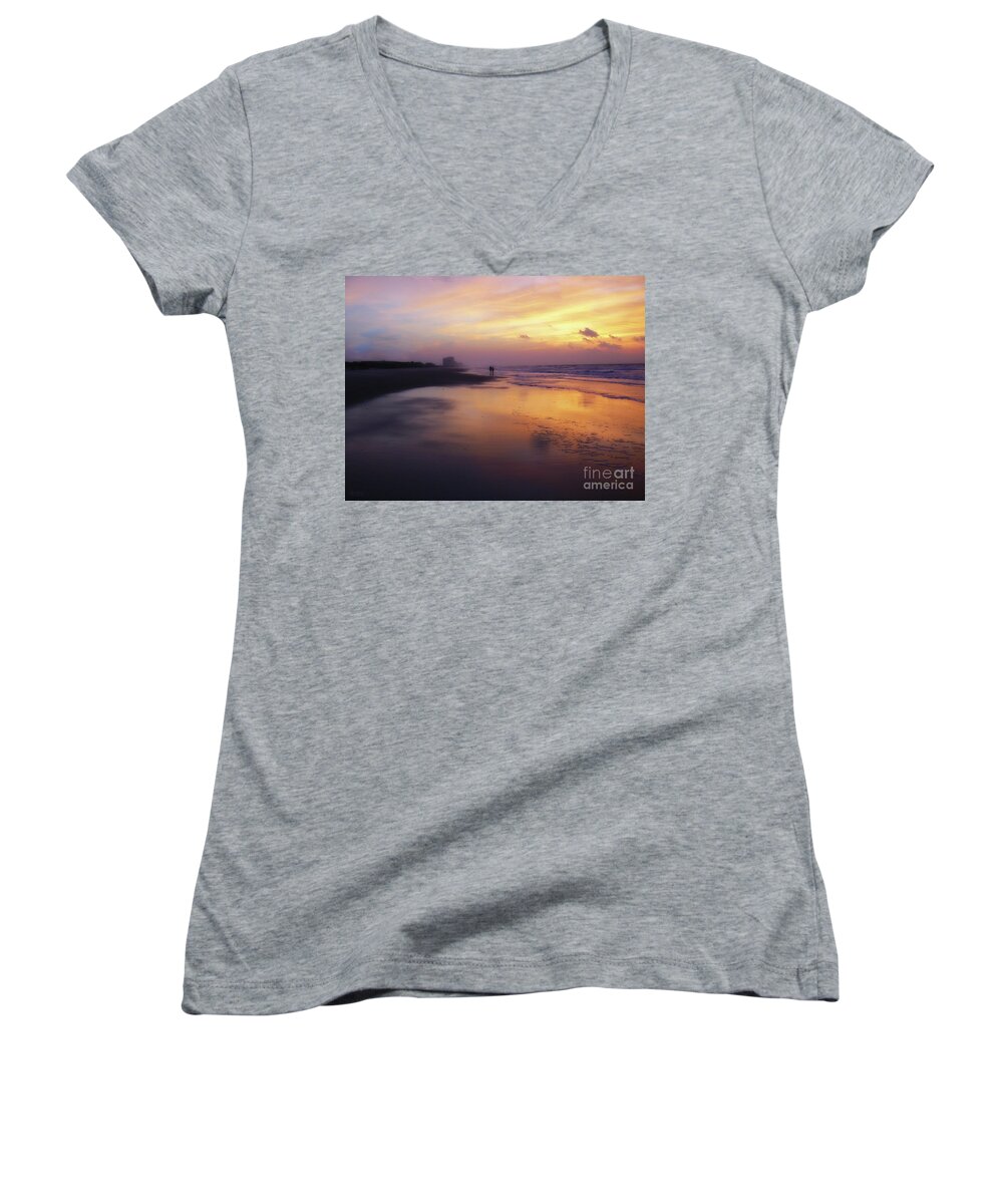 Sunset Women's V-Neck featuring the photograph Sunset Walk On Myrtle Beach by Jeff Breiman