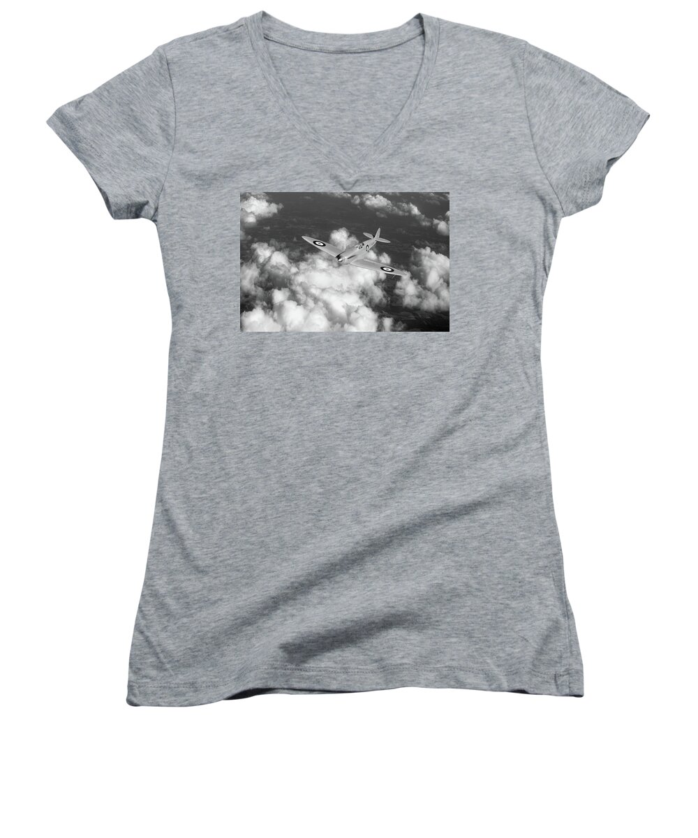 Joseph Mutt Summers Women's V-Neck featuring the photograph Supermarine Spitfire prototype K5054 black and white version by Gary Eason