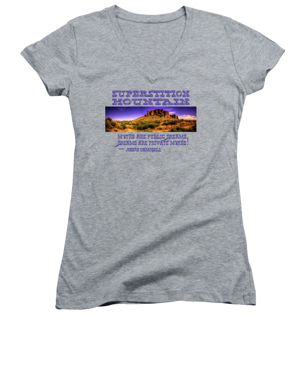 Arizona Women's V-Neck featuring the photograph Superstition Mountains in Panorama Late Afternoon by Roger Passman