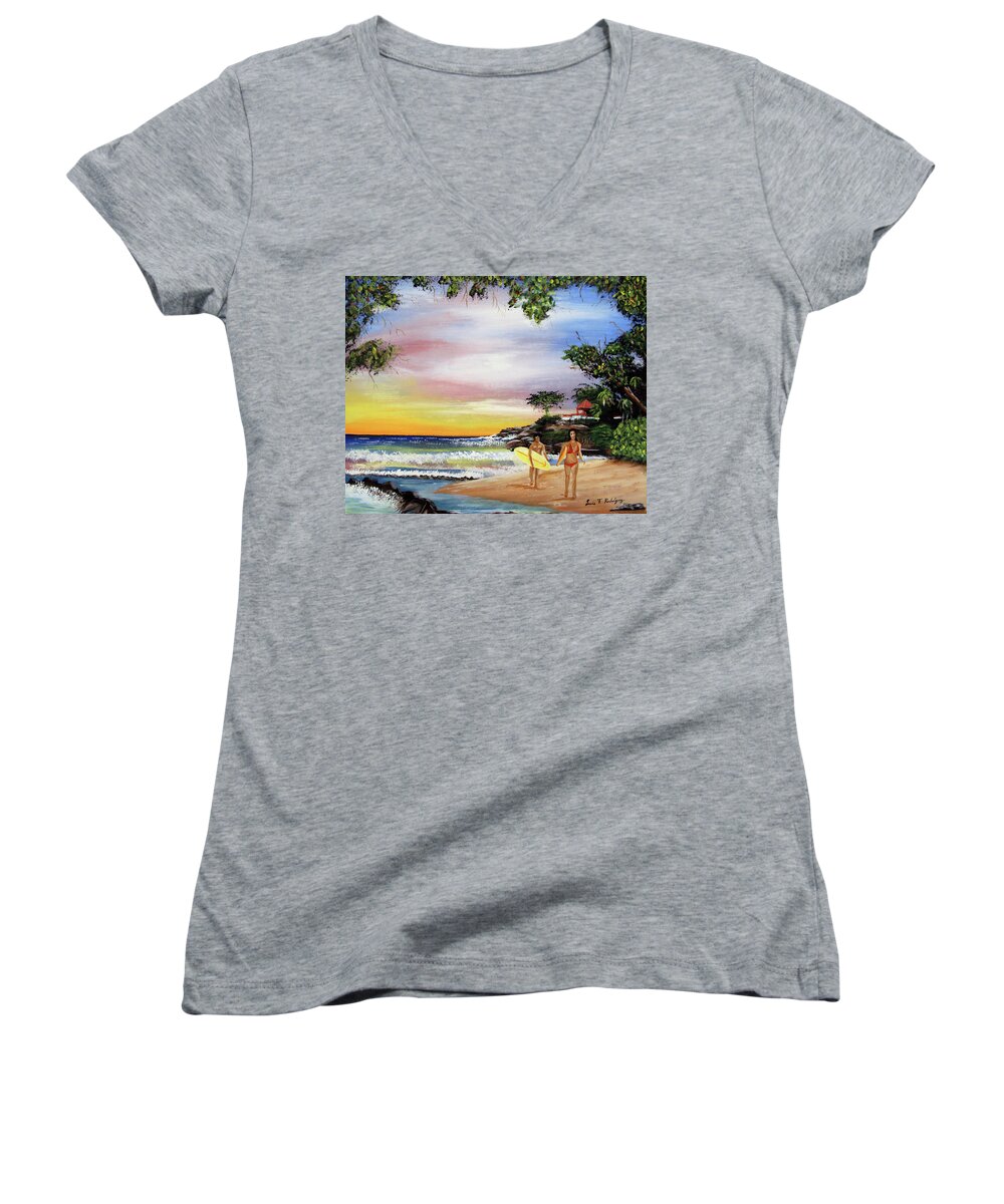 Surfing Women's V-Neck featuring the painting Surfing In Rincon by Luis F Rodriguez