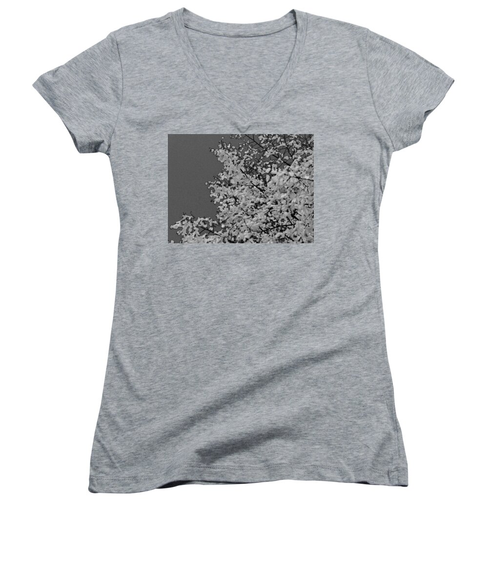 Noir Women's V-Neck featuring the photograph Surreal Deconstruction of Fall Foliage in Noir by Michael Oceanofwisdom Bidwell