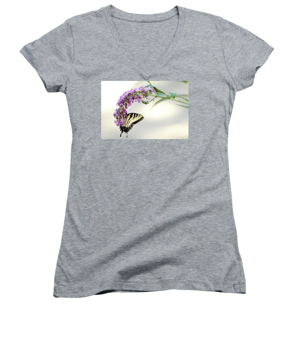 Butterfly Women's V-Neck featuring the photograph Swallowtail on purple flower by Emanuel Tanjala